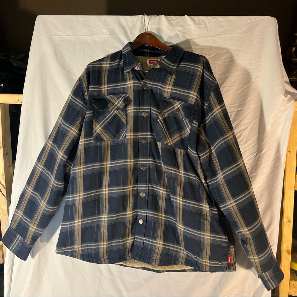 Wrangler Sherpa Lined Flannel Jacket XL Blue/Gray/White